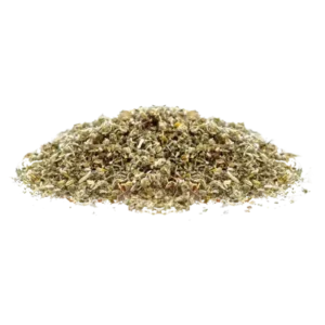 Heap of mixed dried herbs on white background