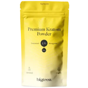 Yellow packet of Bigtrea Premium Kratom Powder, 250g