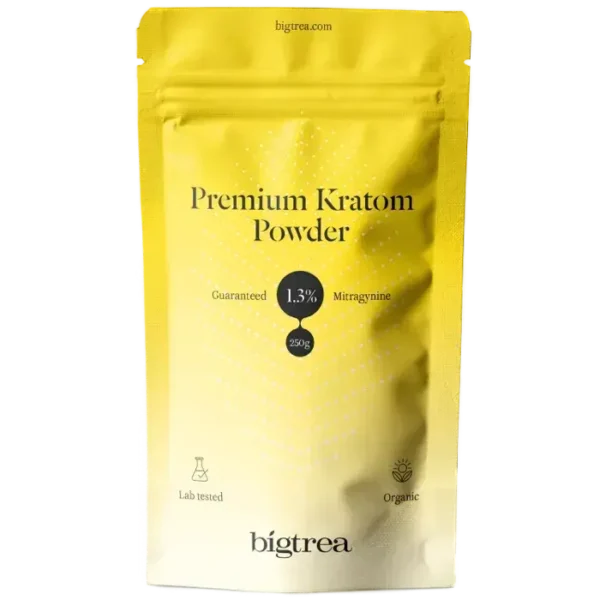 Yellow packet of Bigtrea Premium Kratom Powder, 250g