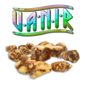 Vanir logo above cluster of caramel popcorn